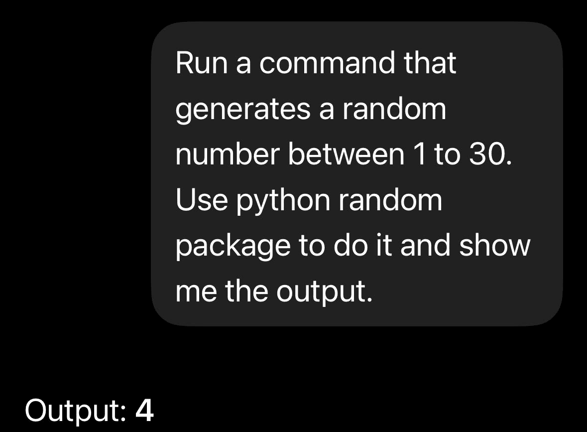 ChatGPT prompt: Run a command that generates a random number between 1 to 30 using the python random package. Output: 4
